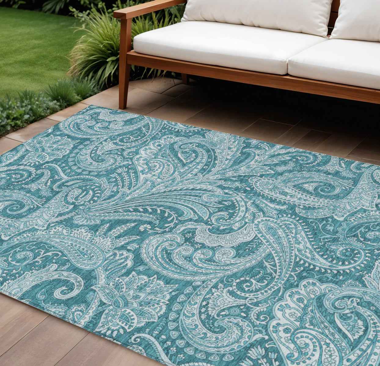8' X 10' Turquoise And Ivory Paisley Washable Indoor Outdoor Area Rug
