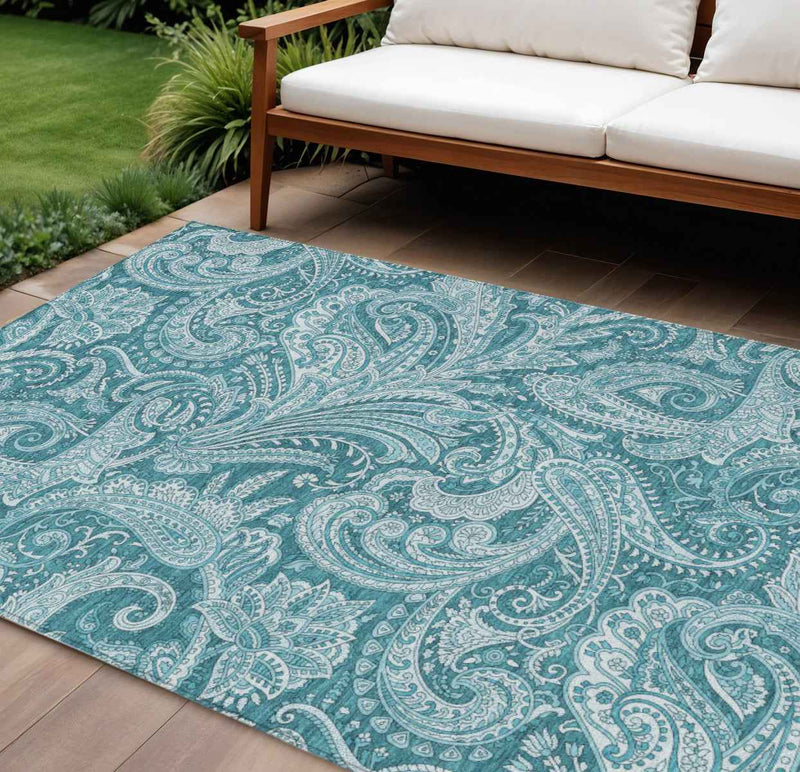 8' X 10' Turquoise And Ivory Paisley Washable Indoor Outdoor Area Rug
