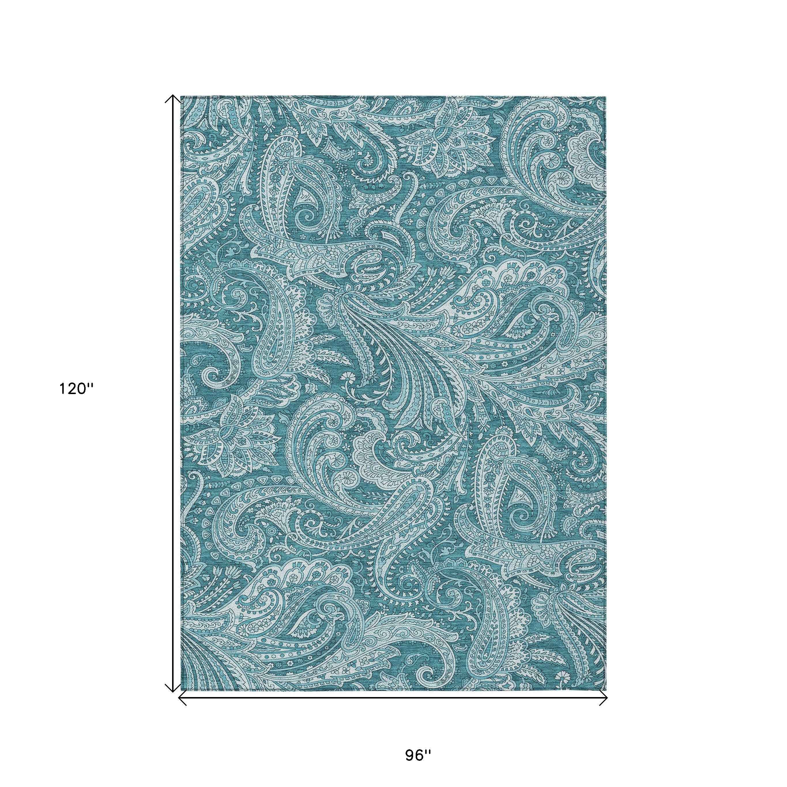 8' X 10' Turquoise And Ivory Paisley Washable Indoor Outdoor Area Rug