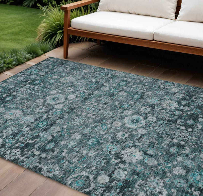 10' X 14' Dark Green Aqua And Charcoal Oriental Washable Indoor Outdoor Area Rug