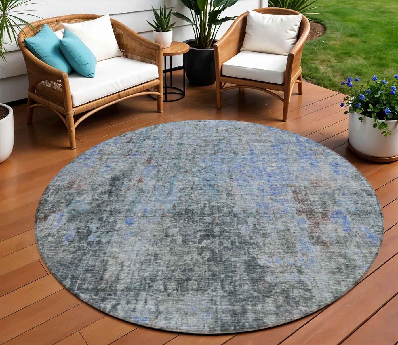 8' Gray Charcoal And Blue Round Abstract Washable Indoor Outdoor Area Rug