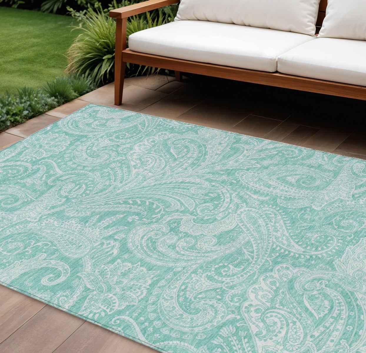10' X 14' Teal Blue And Ivory Paisley Washable Indoor Outdoor Area Rug