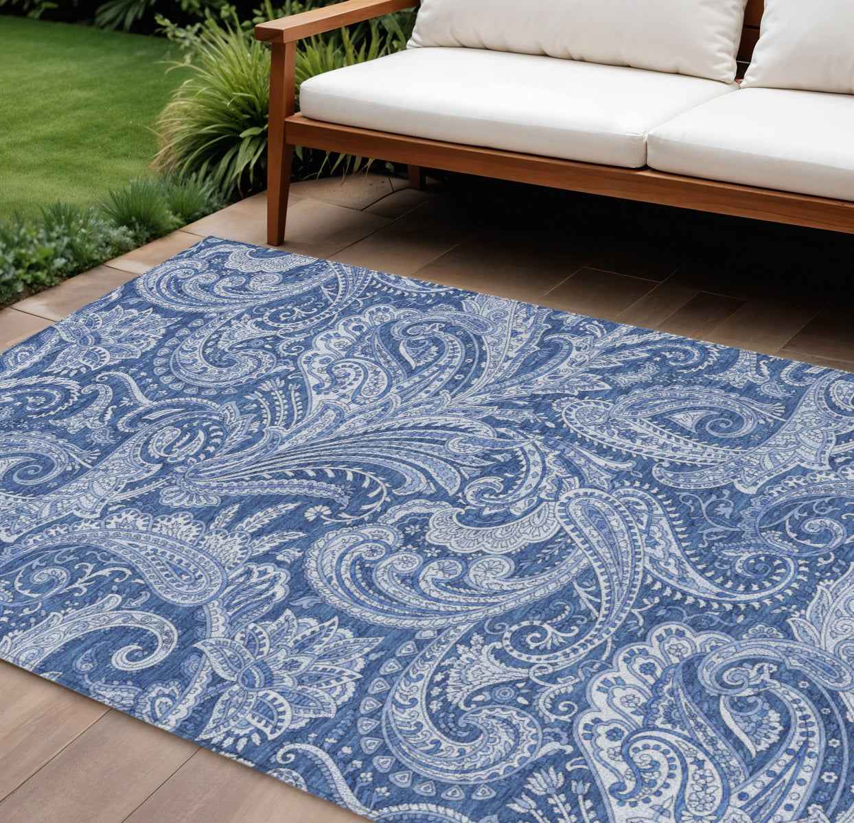 8' X 10' Navy Blue And Denim Blue Paisley Washable Indoor Outdoor Area Rug