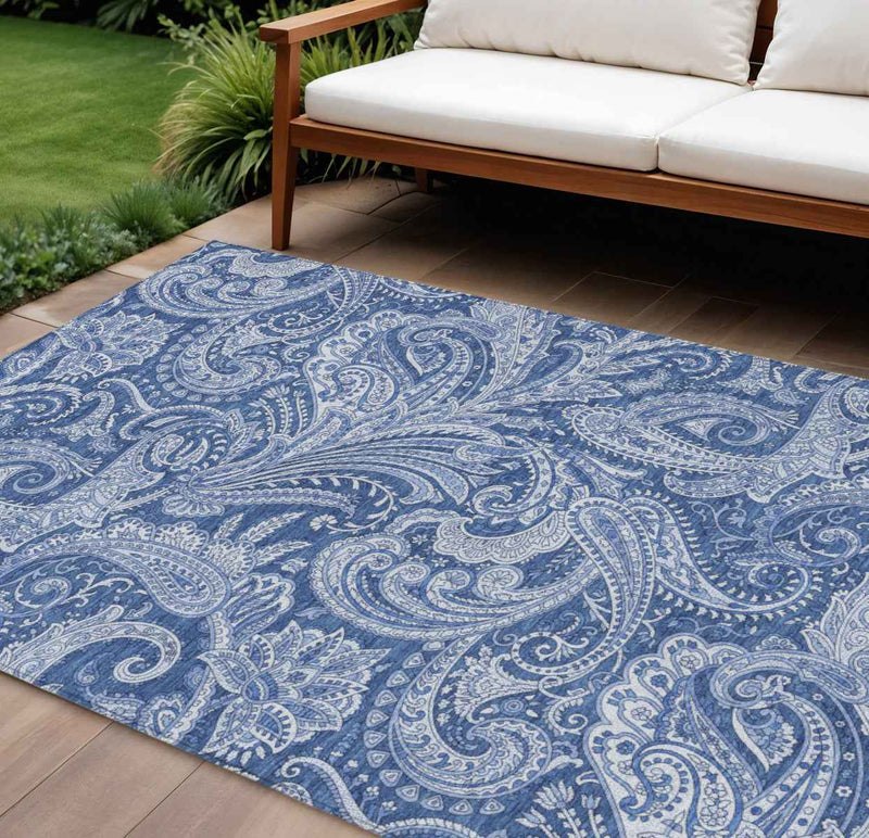 8' X 10' Navy Blue And Denim Blue Paisley Washable Indoor Outdoor Area Rug