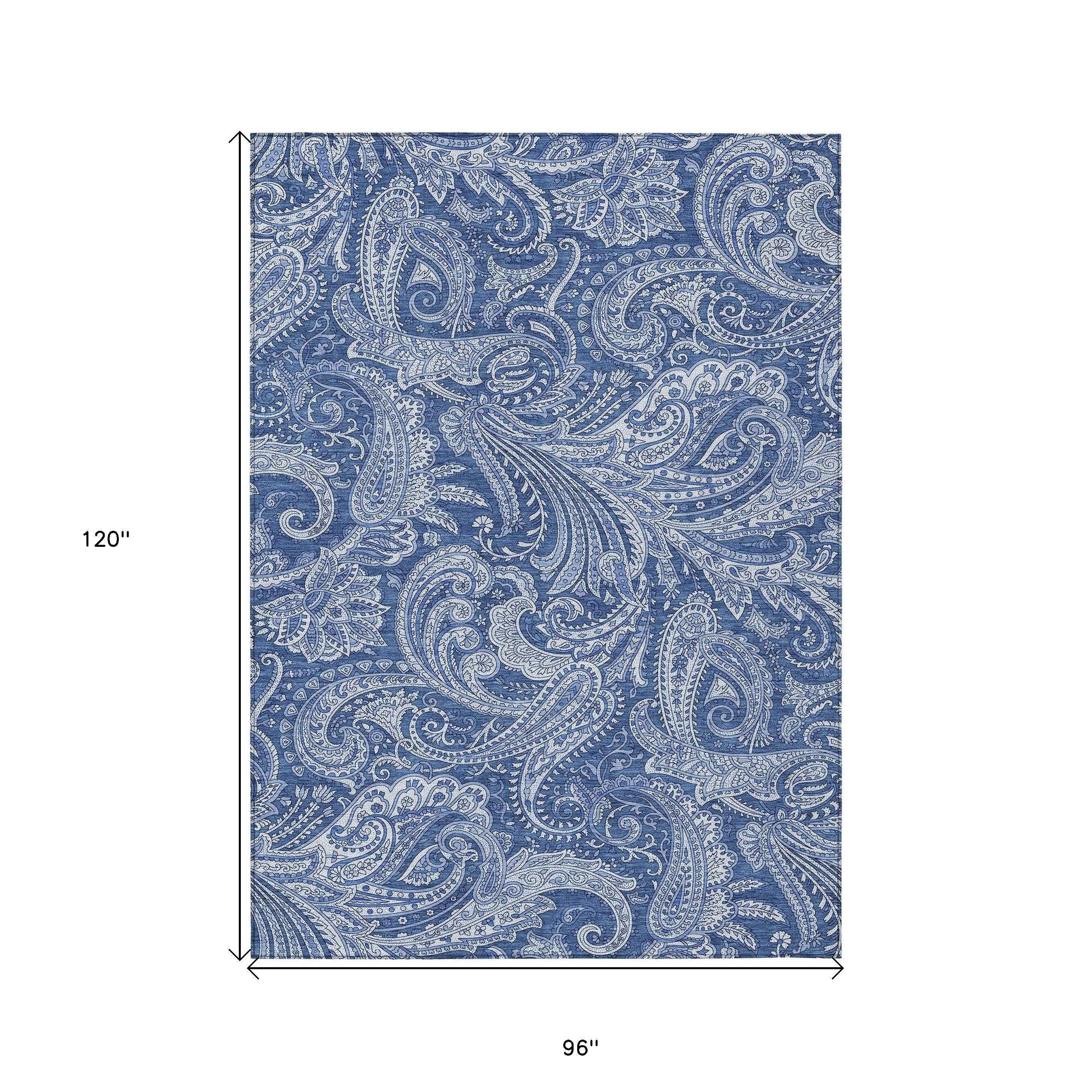 8' X 10' Navy Blue And Denim Blue Paisley Washable Indoor Outdoor Area Rug