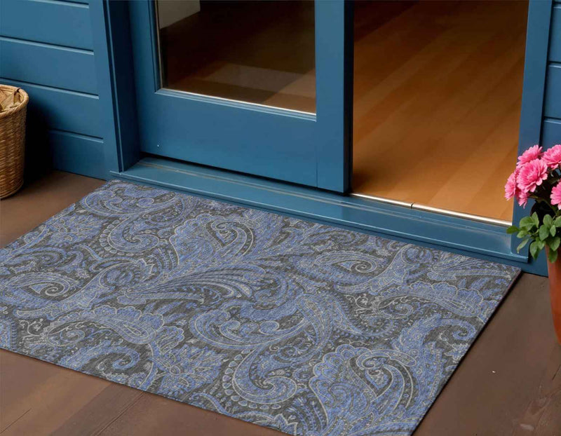 3' X 5' Charcoal Gray And Blue Paisley Washable Indoor Outdoor Area Rug