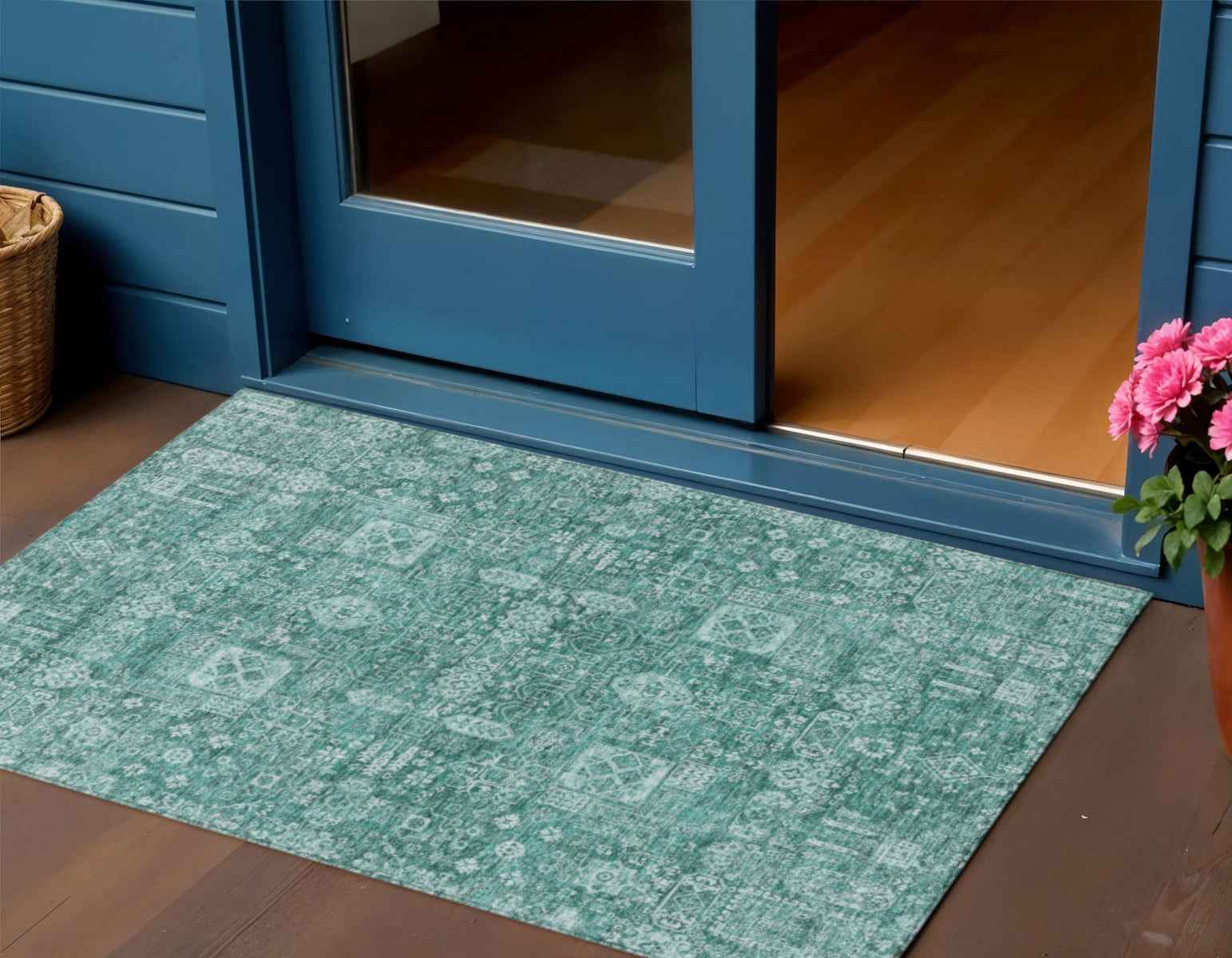 3' X 5' Dark Green And Aqua Oriental Washable Indoor Outdoor Area Rug