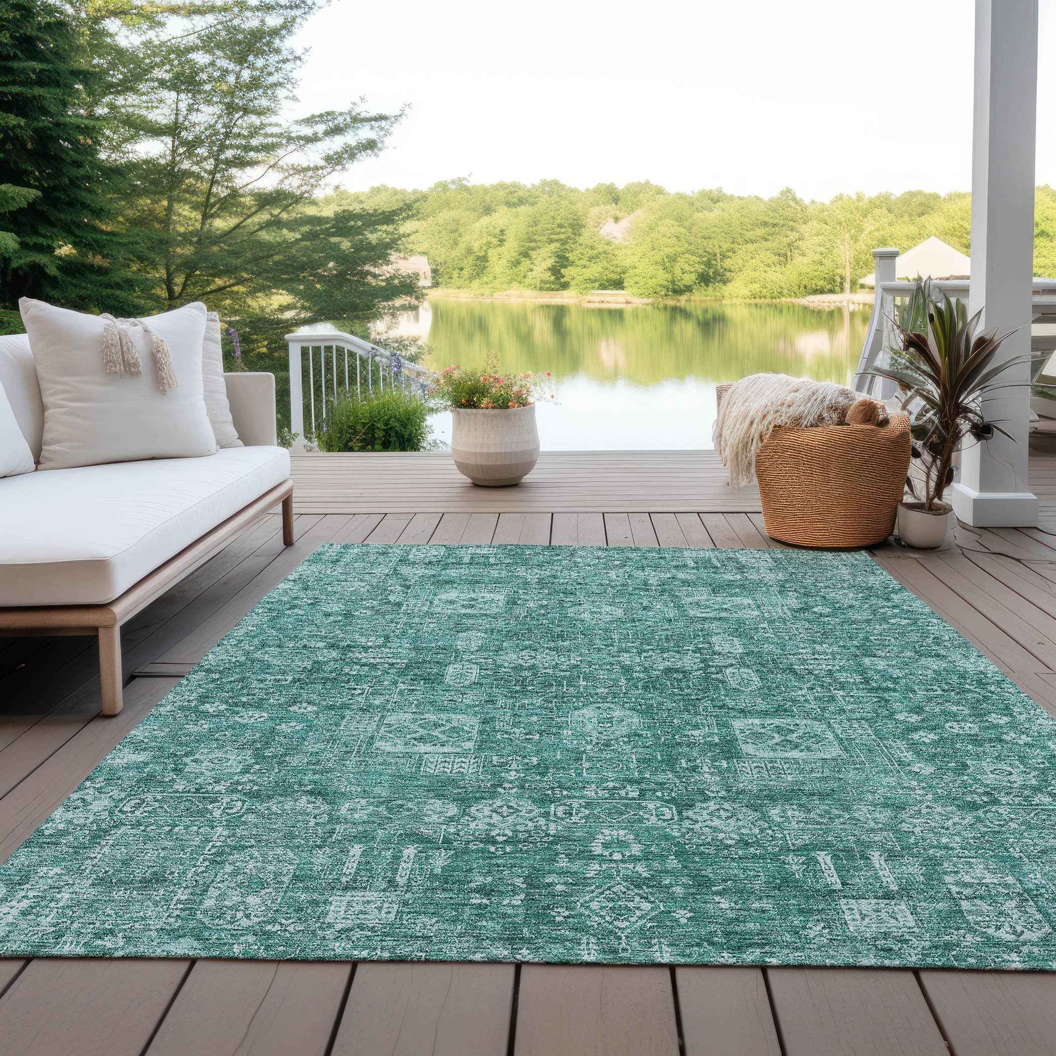 3' X 5' Dark Green And Aqua Oriental Washable Indoor Outdoor Area Rug