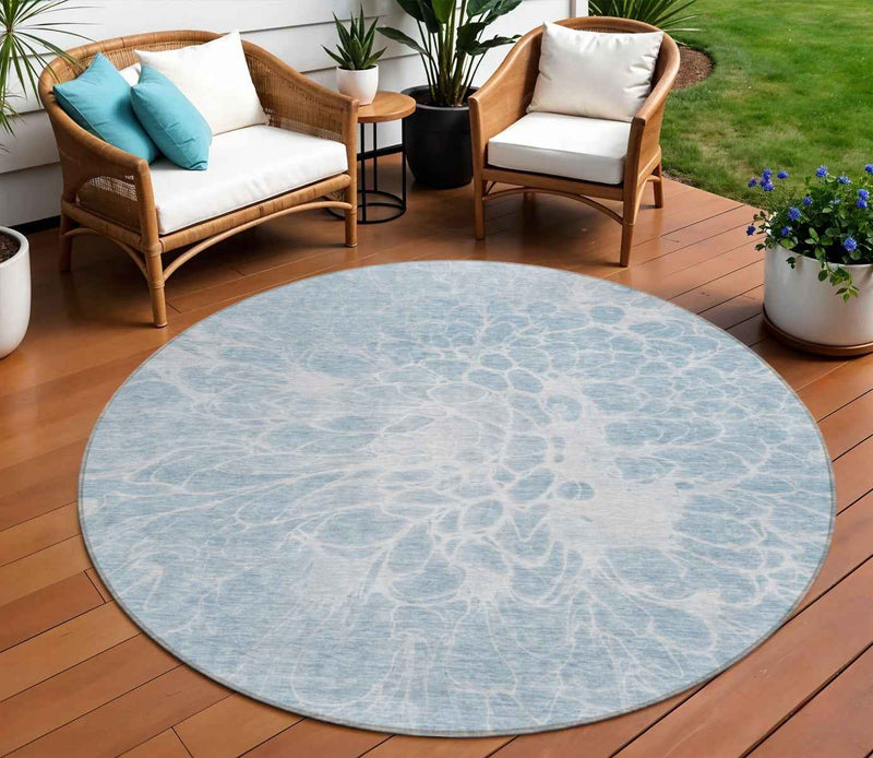8' Sky Blue And Denim Blue Round Abstract Washable Indoor Outdoor Area Rug