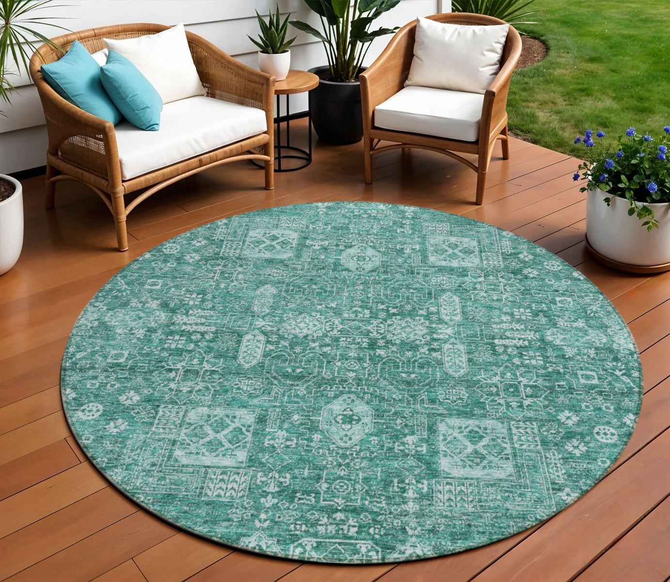 8' Dark Green And Aqua Round Oriental Washable Indoor Outdoor Area Rug