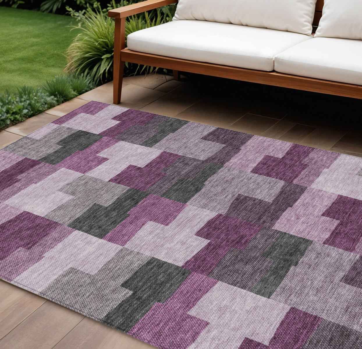9' X 12' Merlot Mauve And Charcoal Geometric Washable Indoor Outdoor Area Rug