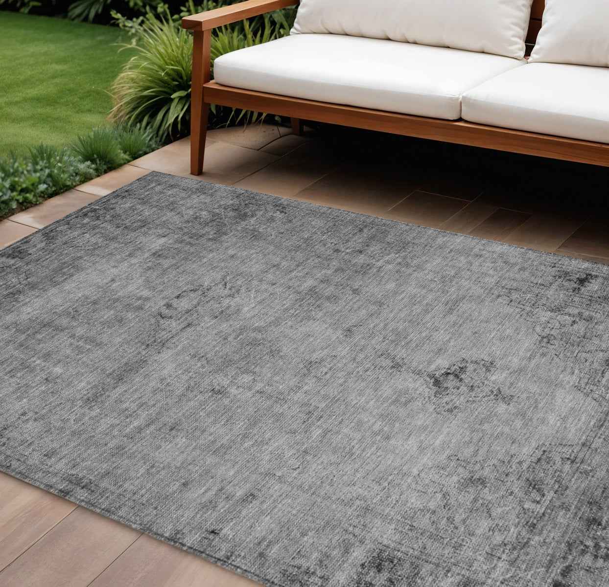 10' X 14' Gray Silver And Charcoal Oriental Washable Indoor Outdoor Area Rug