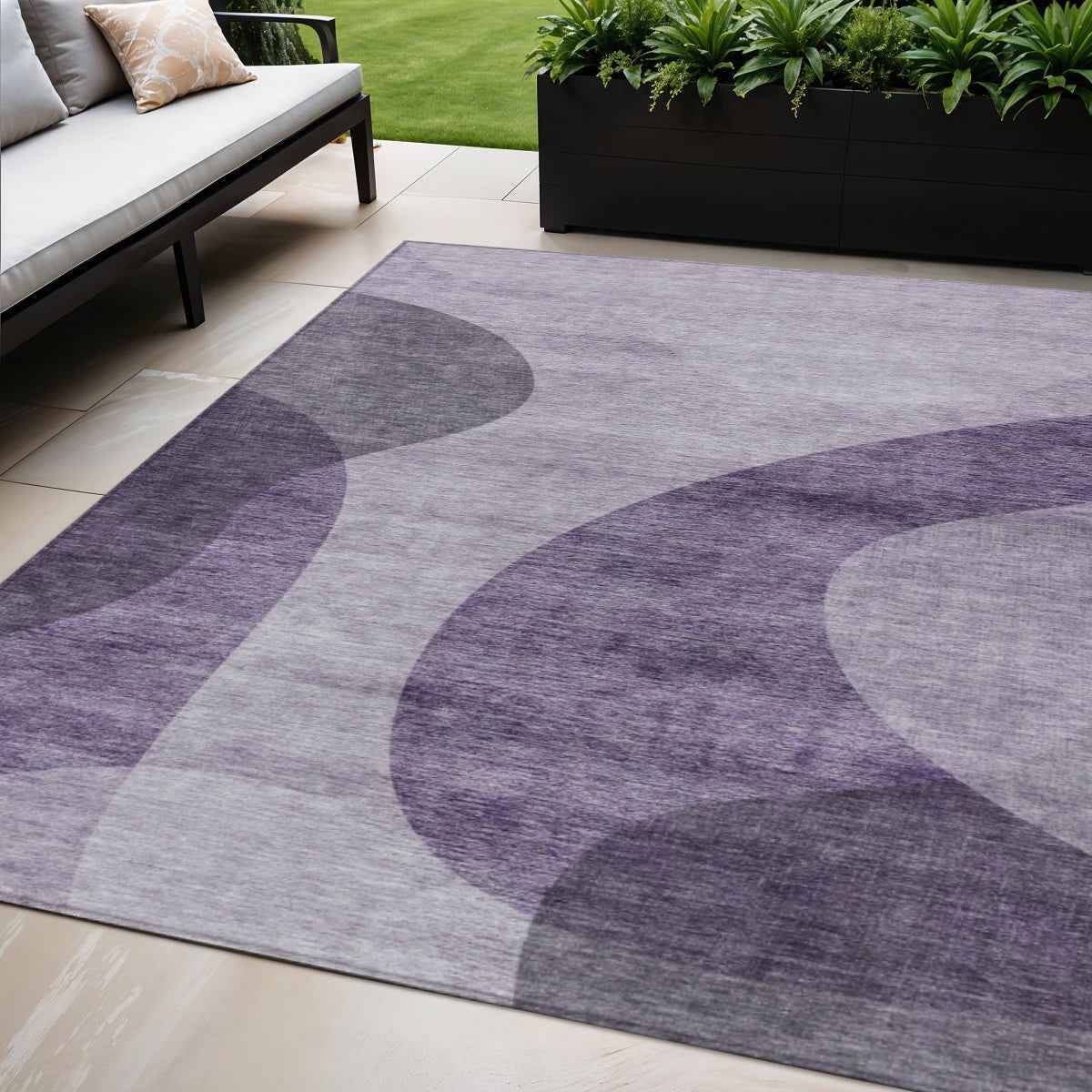 5' X 8' Purple Lavender And Eggplant Abstract Washable Indoor Outdoor Area Rug