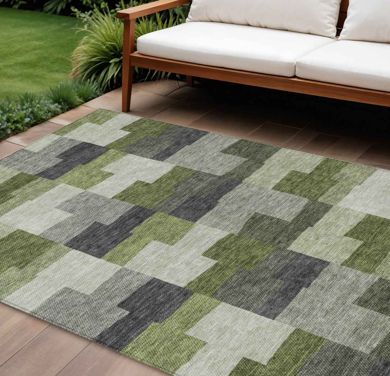 8' X 10' Olive Green And Artichoke Green Geometric Washable Indoor Outdoor Area Rug