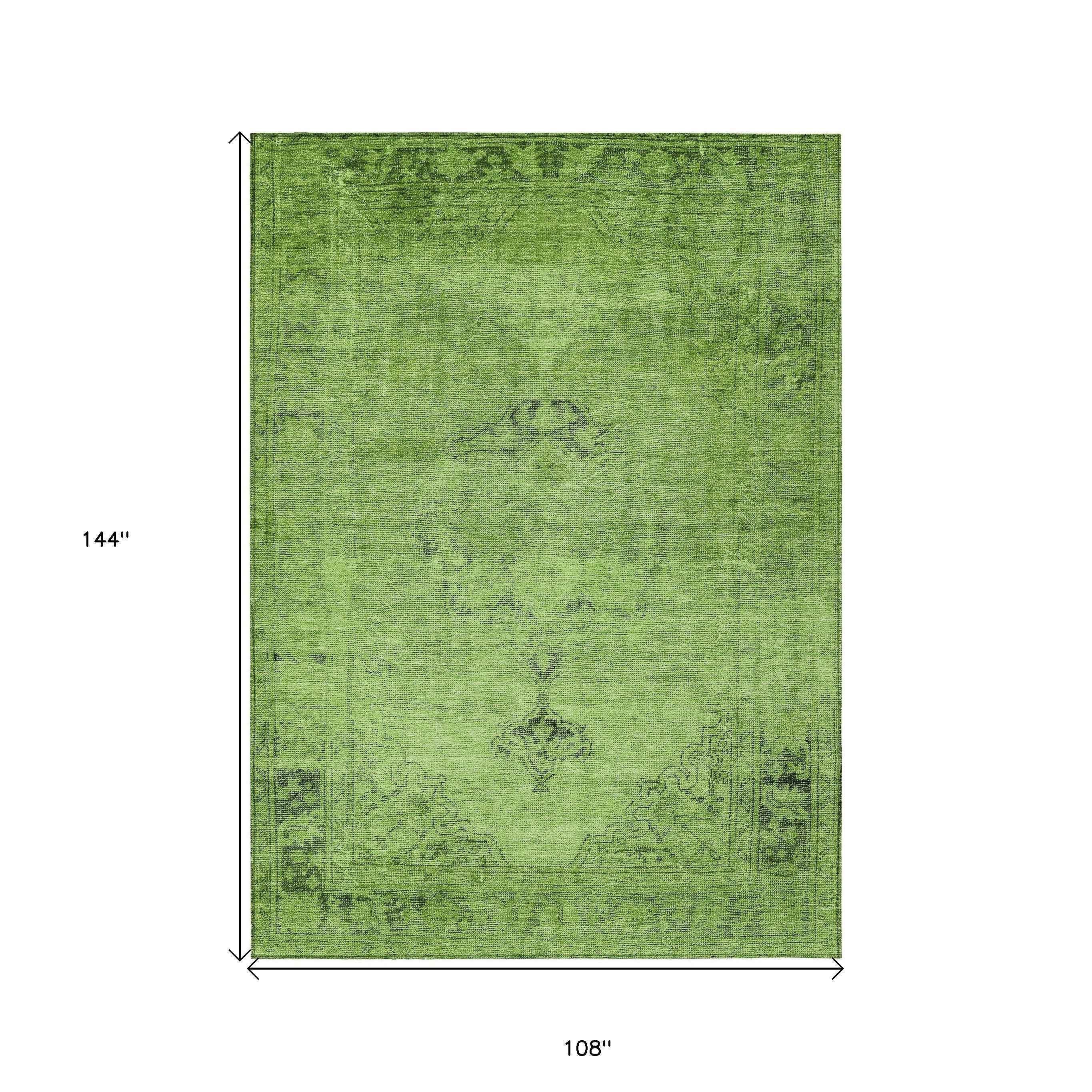 9' X 12' Green And Olive Green Oriental Washable Indoor Outdoor Area Rug