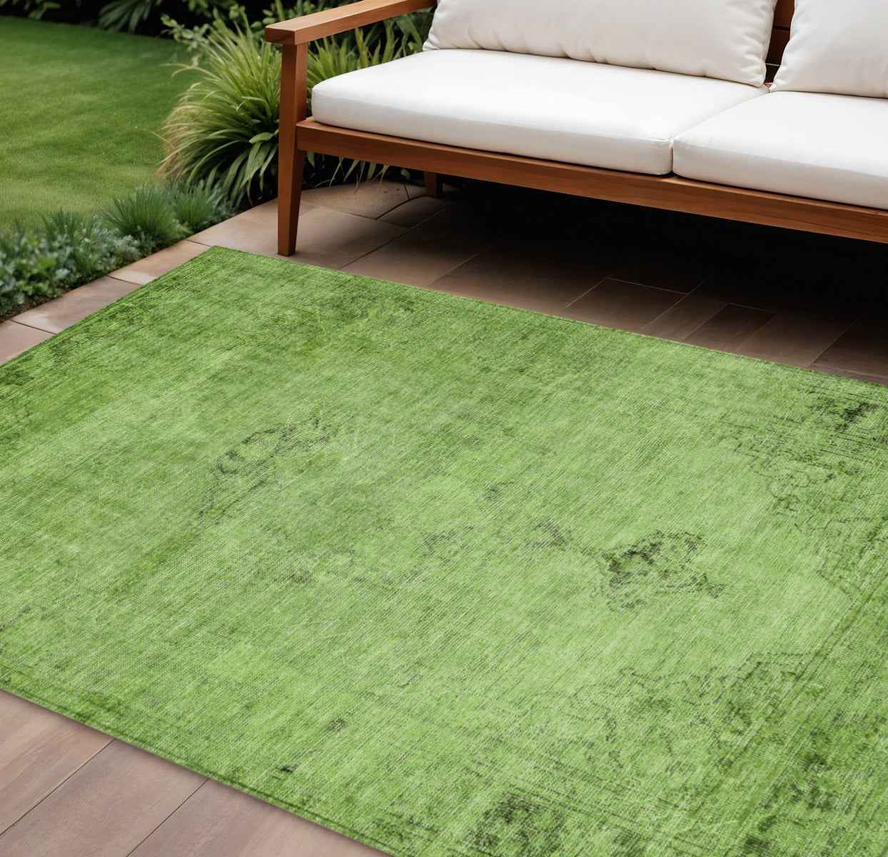 9' X 12' Green And Olive Green Oriental Washable Indoor Outdoor Area Rug