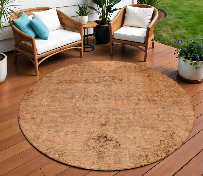 8' Copper Orange And Brown Round Oriental Washable Indoor Outdoor Area Rug