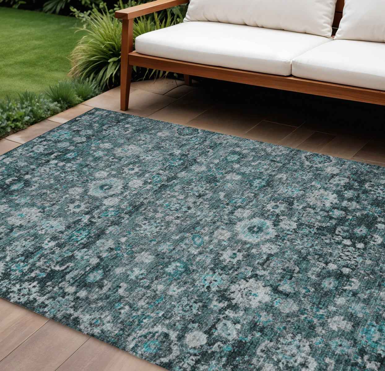 9' X 12' Dark Green Aqua And Charcoal Oriental Washable Indoor Outdoor Area Rug
