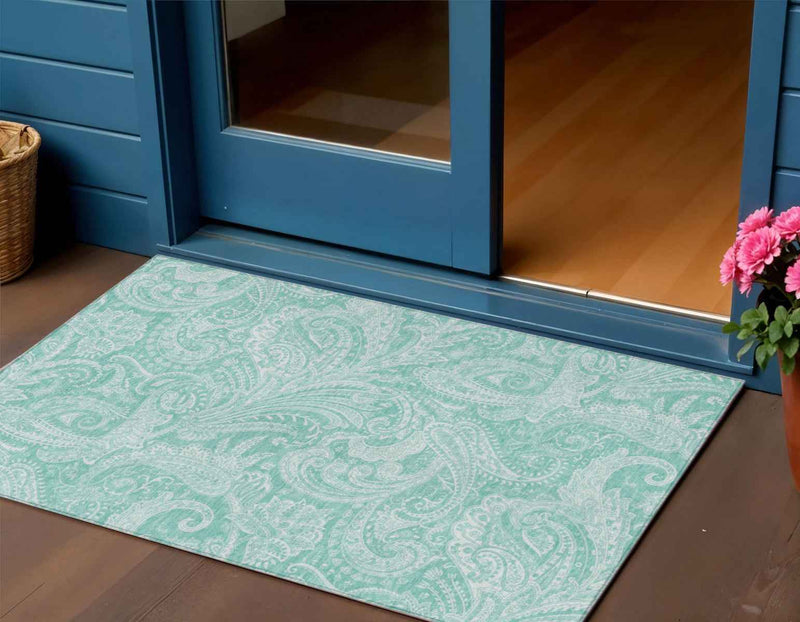 3' X 5' Teal Blue And Ivory Paisley Washable Indoor Outdoor Area Rug