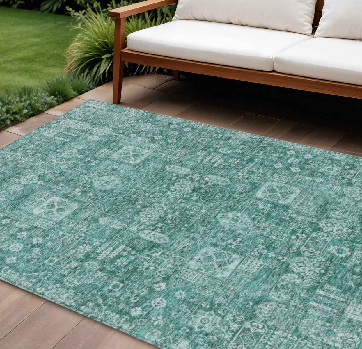9' X 12' Dark Green And Aqua Oriental Washable Indoor Outdoor Area Rug