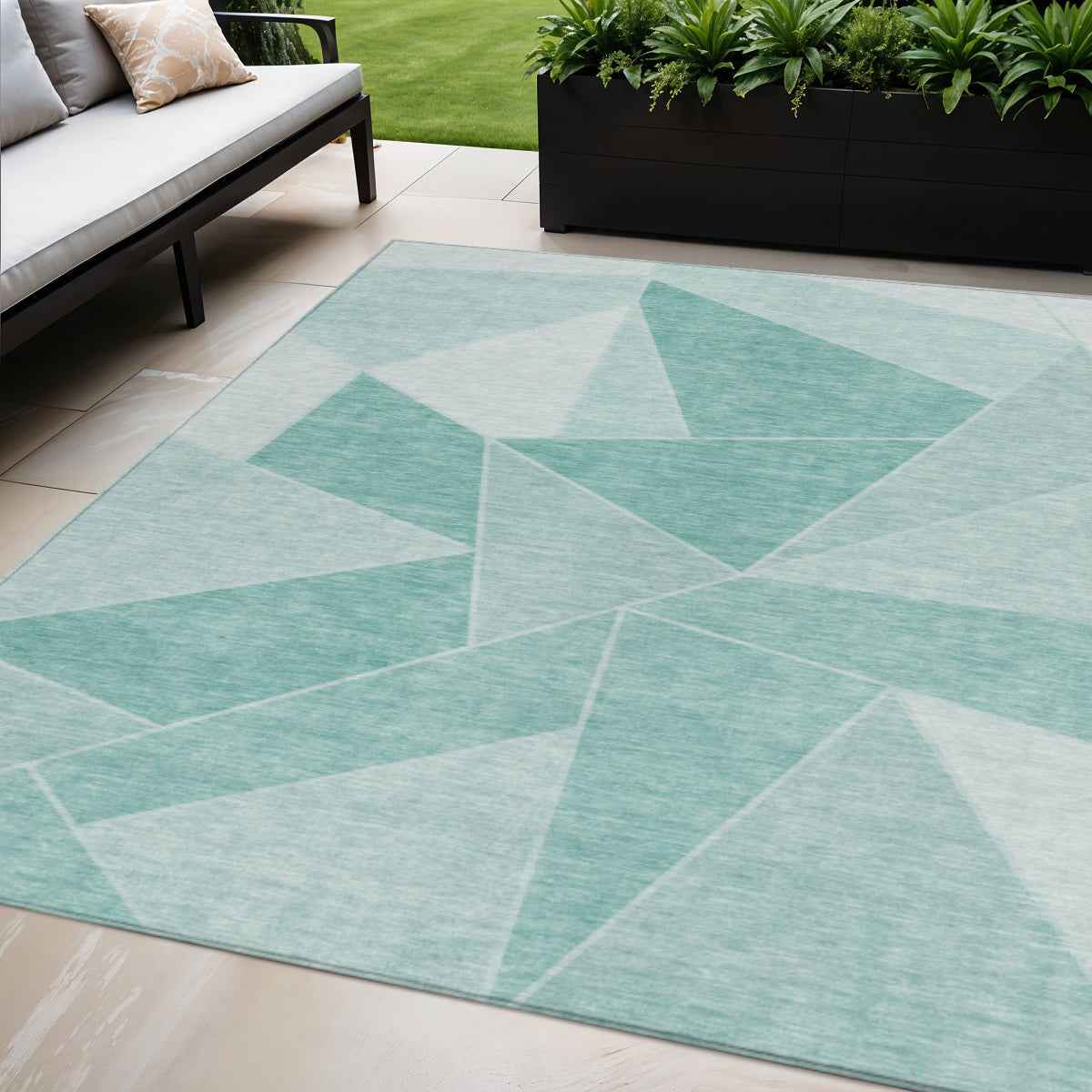 5' X 8' Mint Green And Aqua Geometric Washable Indoor Outdoor Area Rug