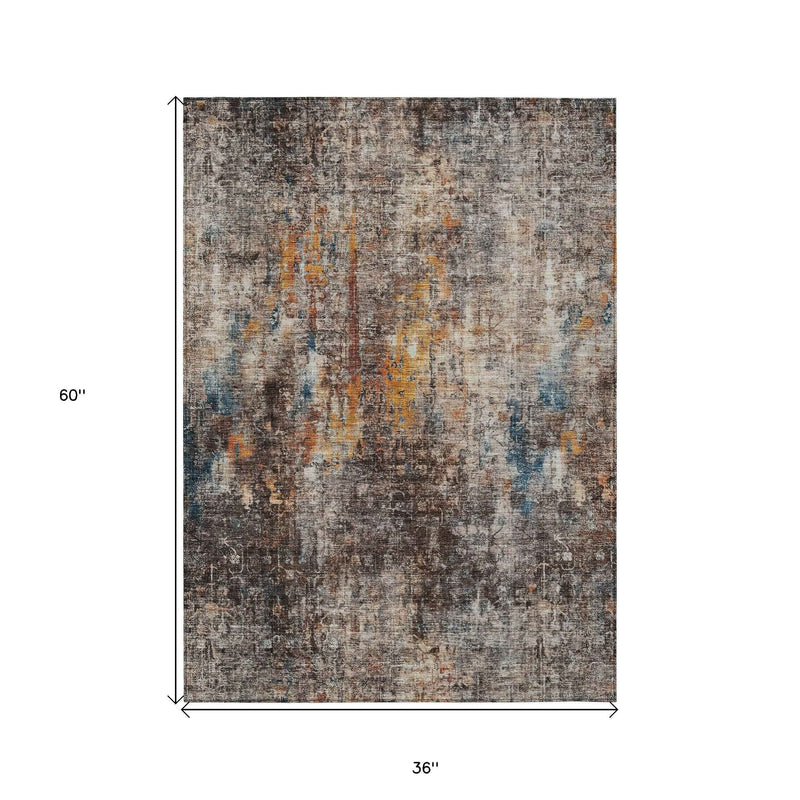 3' X 5' Taupe Chocolate And Copper Abstract Washable Indoor Outdoor Area Rug