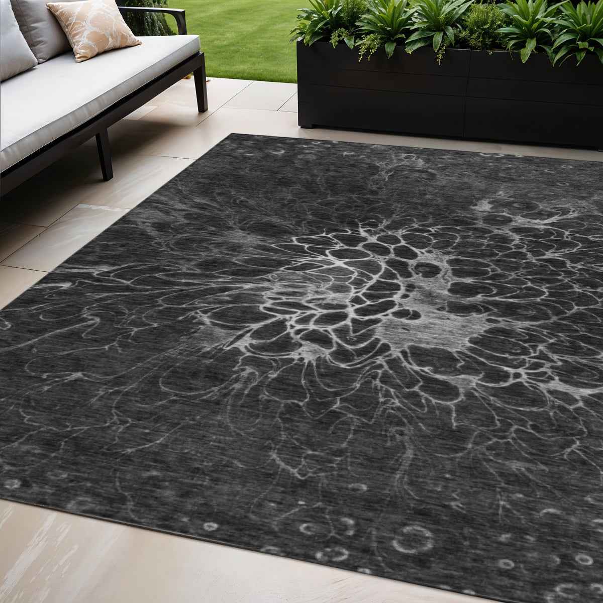 5' X 8' Charcoal Gray And Silver Abstract Washable Indoor Outdoor Area Rug