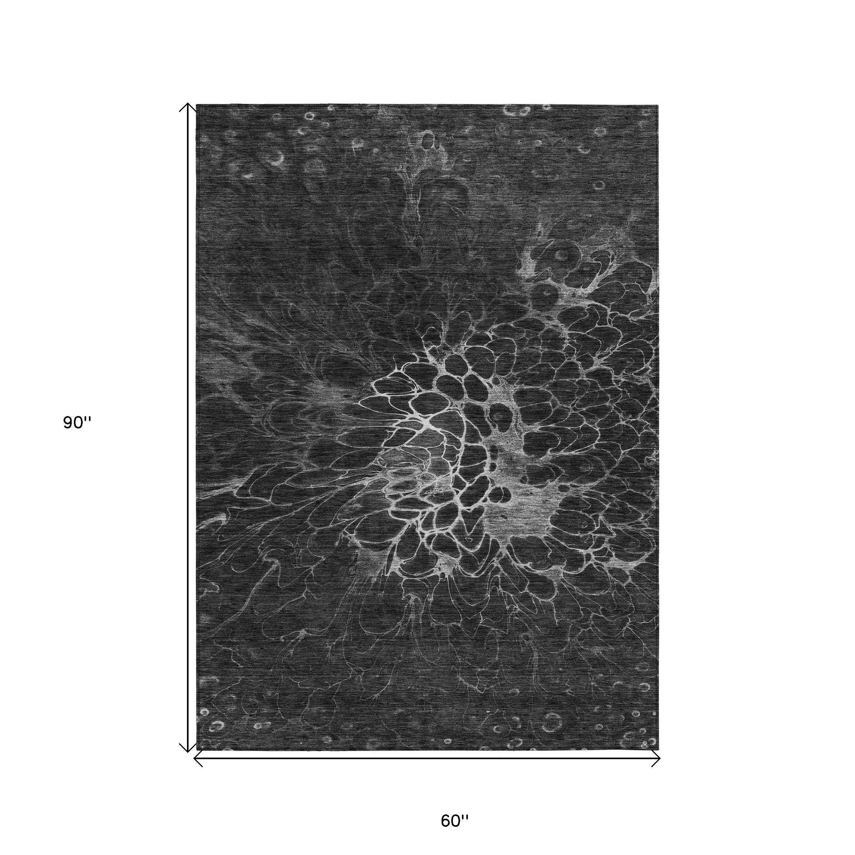 5' X 8' Charcoal Gray And Silver Abstract Washable Indoor Outdoor Area Rug