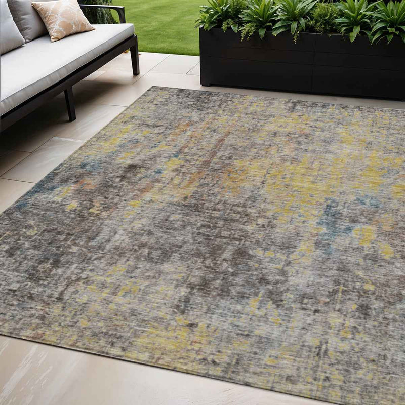 5' X 8' Brown And Gold Abstract Washable Indoor Outdoor Area Rug