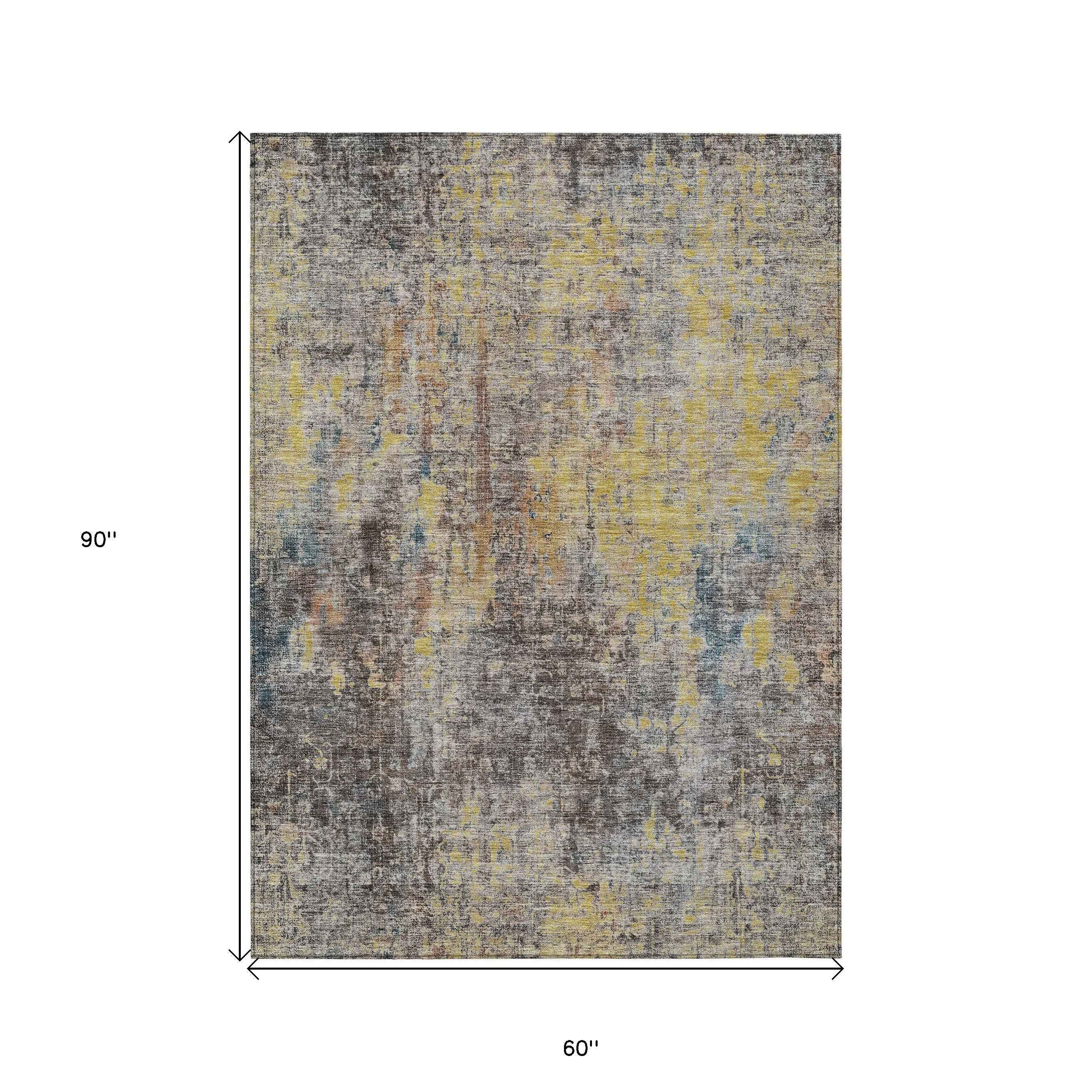 5' X 8' Brown And Gold Abstract Washable Indoor Outdoor Area Rug