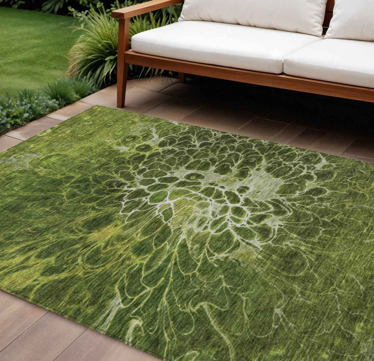 8' X 10' Olive Green And Sage Abstract Washable Indoor Outdoor Area Rug