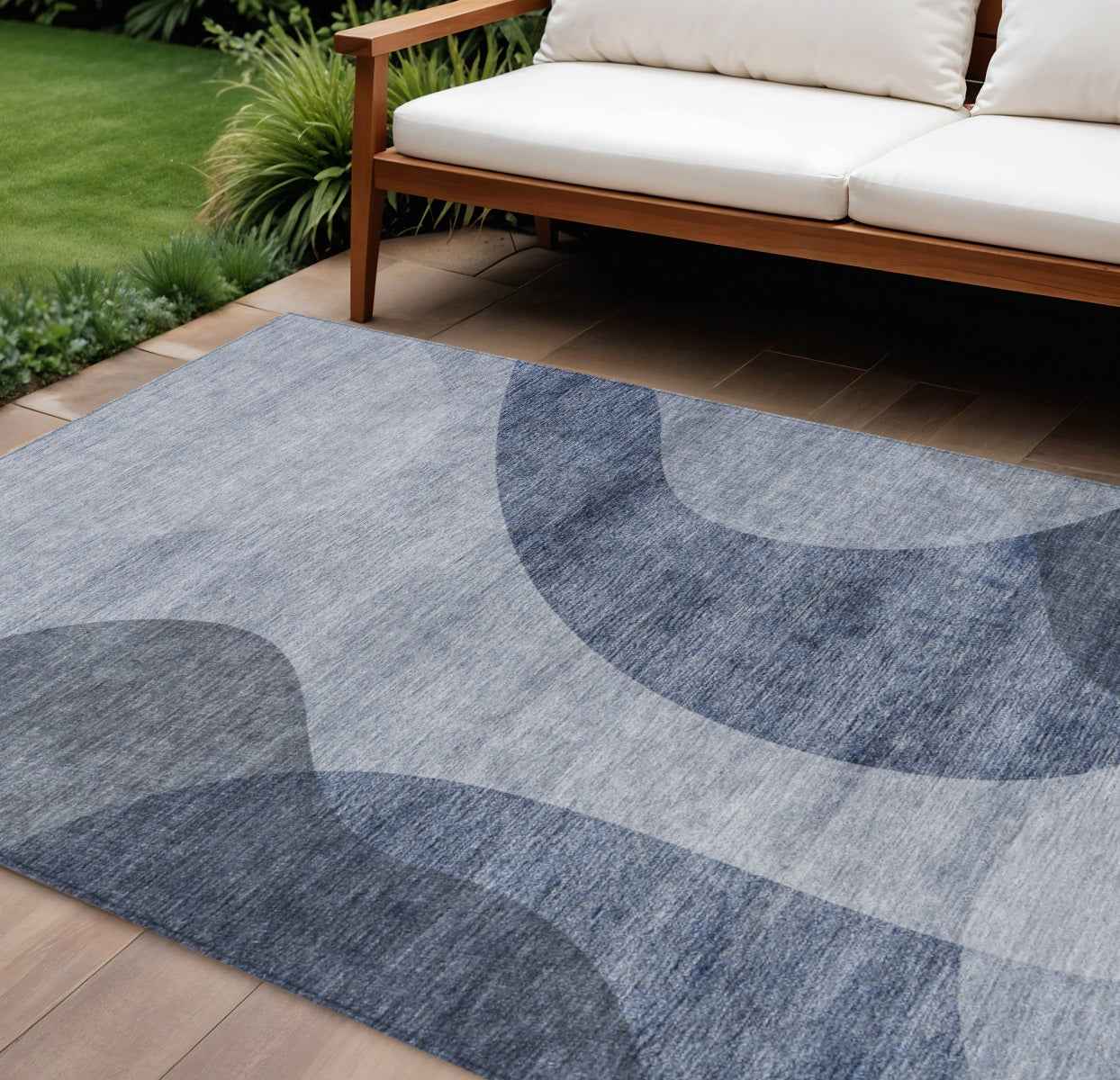 10' X 14' Denim Blue And Sky Blue Abstract Washable Indoor Outdoor Area Rug