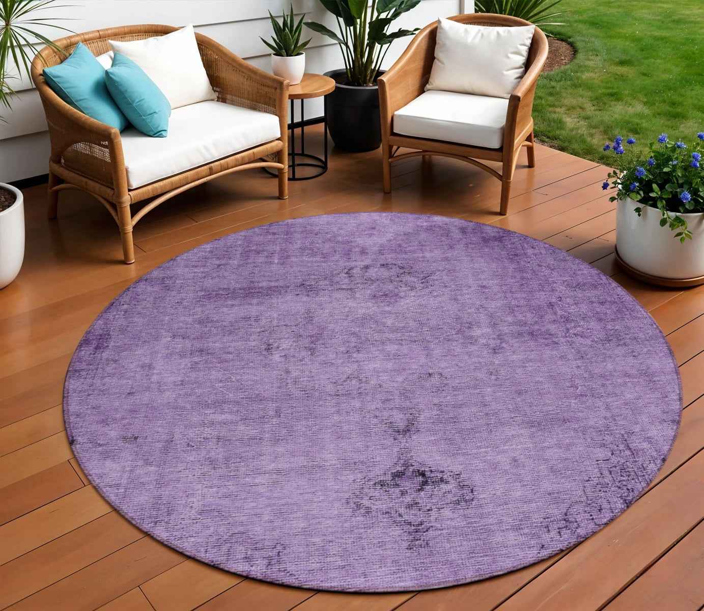8' Purple Eggplant And Lavender Round Oriental Washable Indoor Outdoor Area Rug