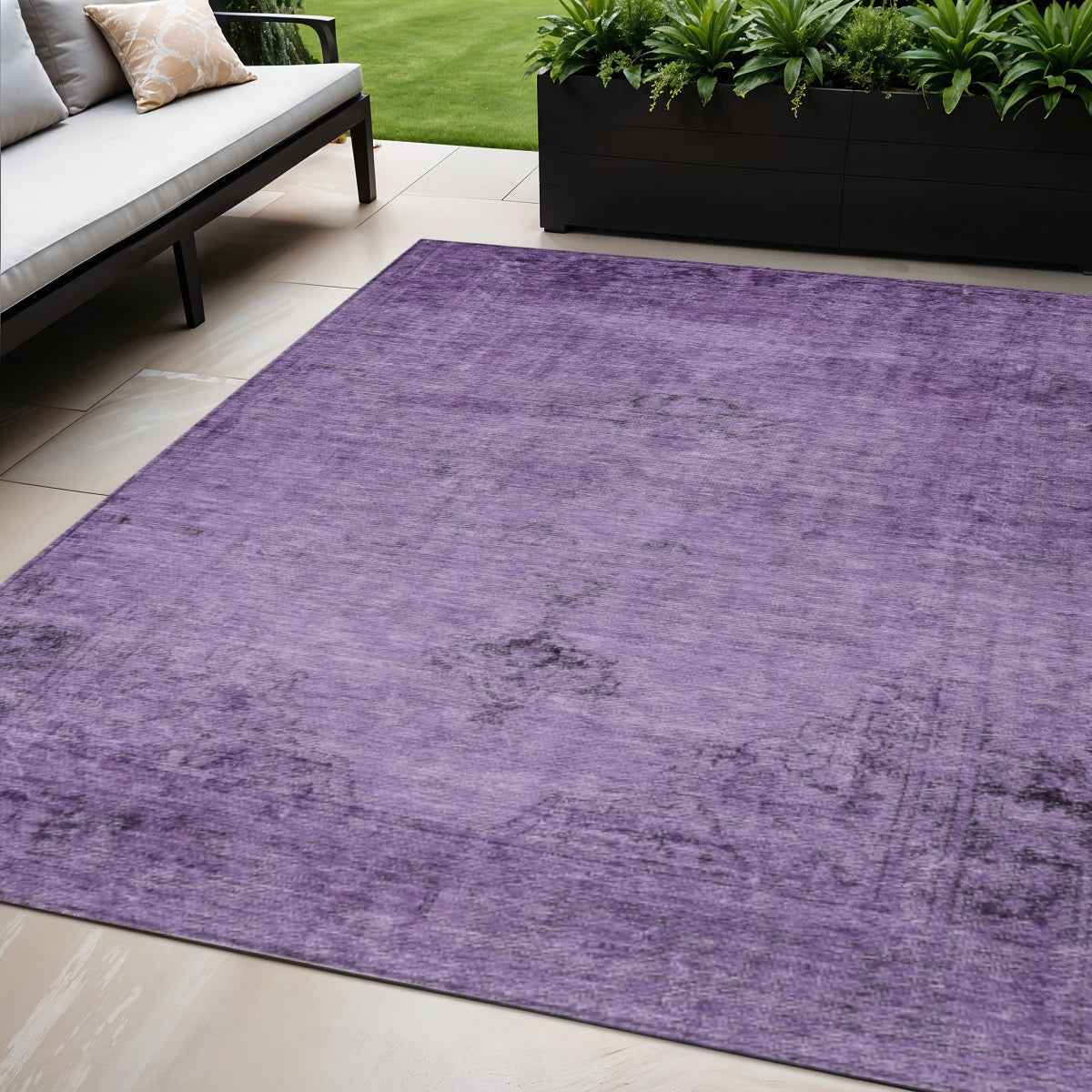 5' X 8' Purple Eggplant And Lavender Oriental Washable Indoor Outdoor Area Rug
