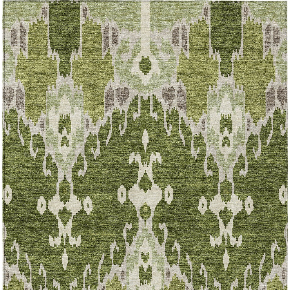 5' X 8' Olive Green And Artichoke Green Ikat Washable Indoor Outdoor Area Rug - Outdoor