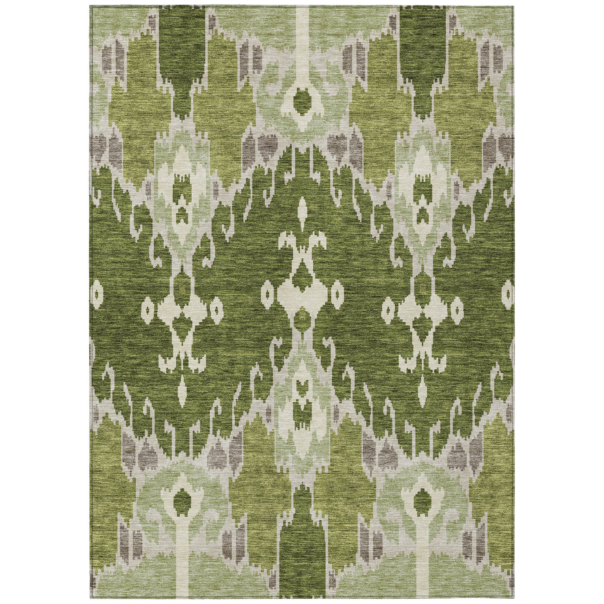 5' X 8' Olive Green And Artichoke Green Ikat Washable Indoor Outdoor Area Rug - Outdoor