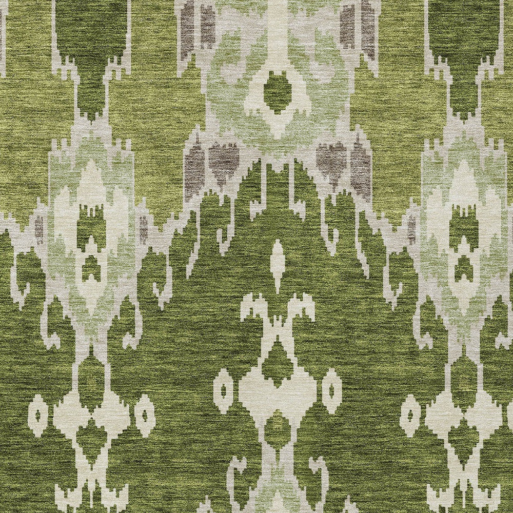 5' X 8' Olive Green And Artichoke Green Ikat Washable Indoor Outdoor Area Rug - Outdoor