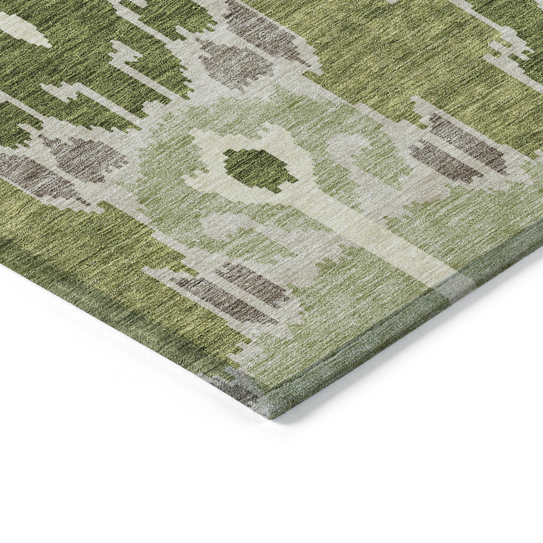 5' X 8' Olive Green And Artichoke Green Ikat Washable Indoor Outdoor Area Rug - Outdoor