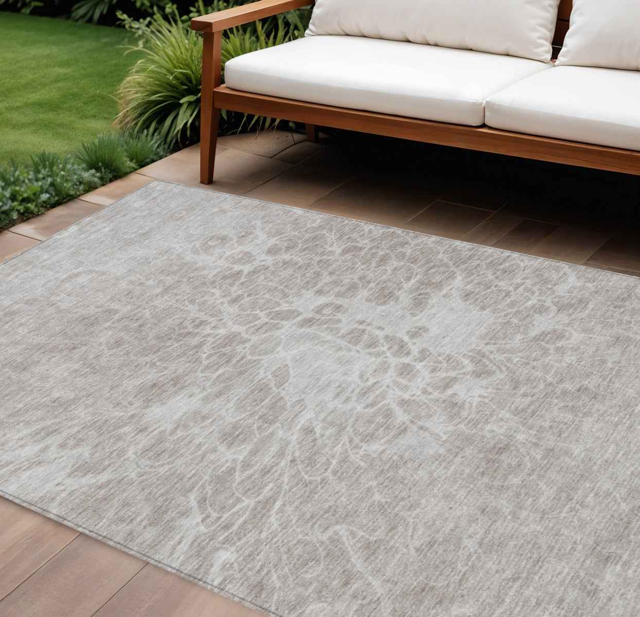 9' X 12' Taupe Beige And Ivory Abstract Washable Indoor Outdoor Area Rug