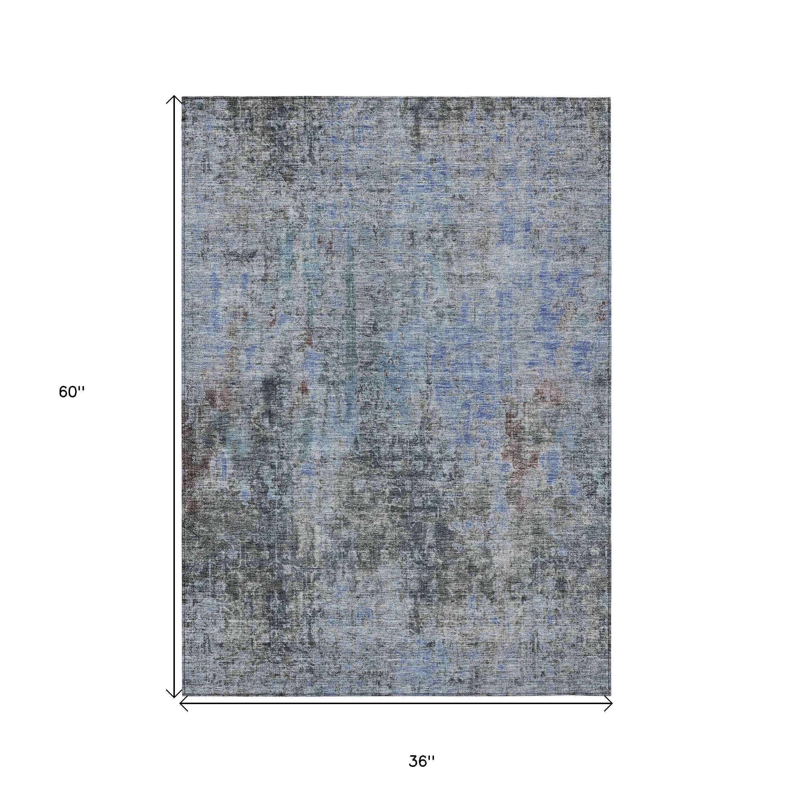 3' X 5' Gray Charcoal And Blue Abstract Washable Indoor Outdoor Area Rug