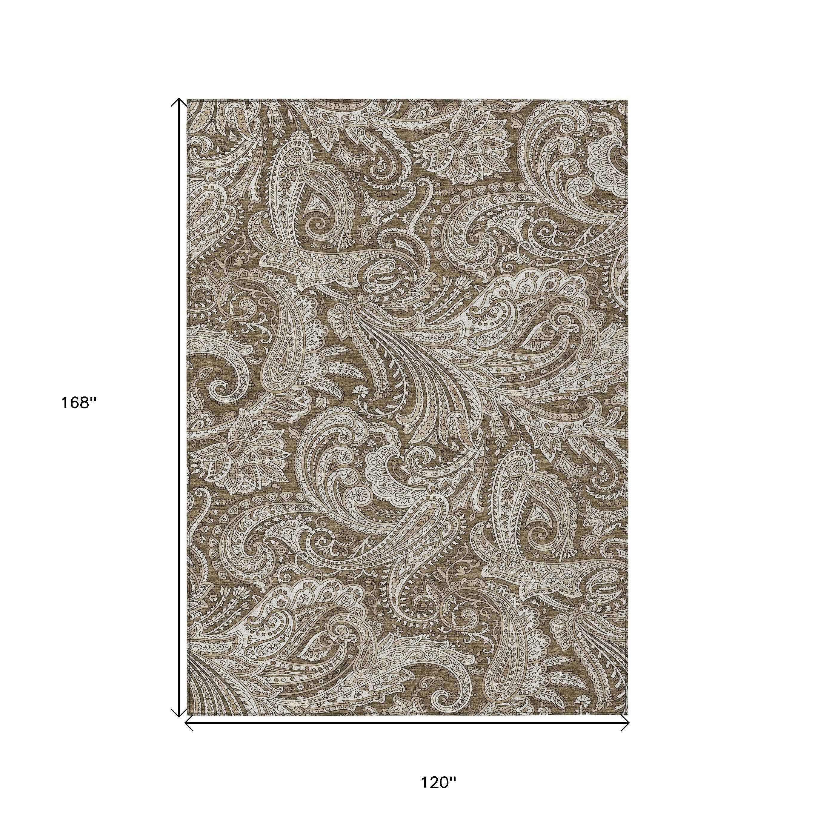10' X 14' Chocolate Beige And Ivory Paisley Washable Indoor Outdoor Area Rug