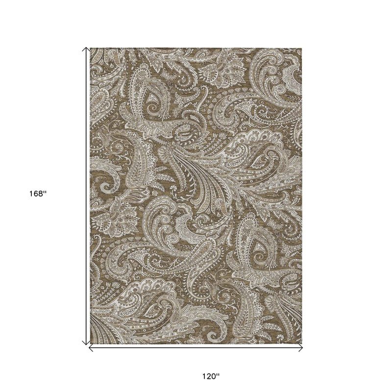 10' X 14' Chocolate Beige And Ivory Paisley Washable Indoor Outdoor Area Rug