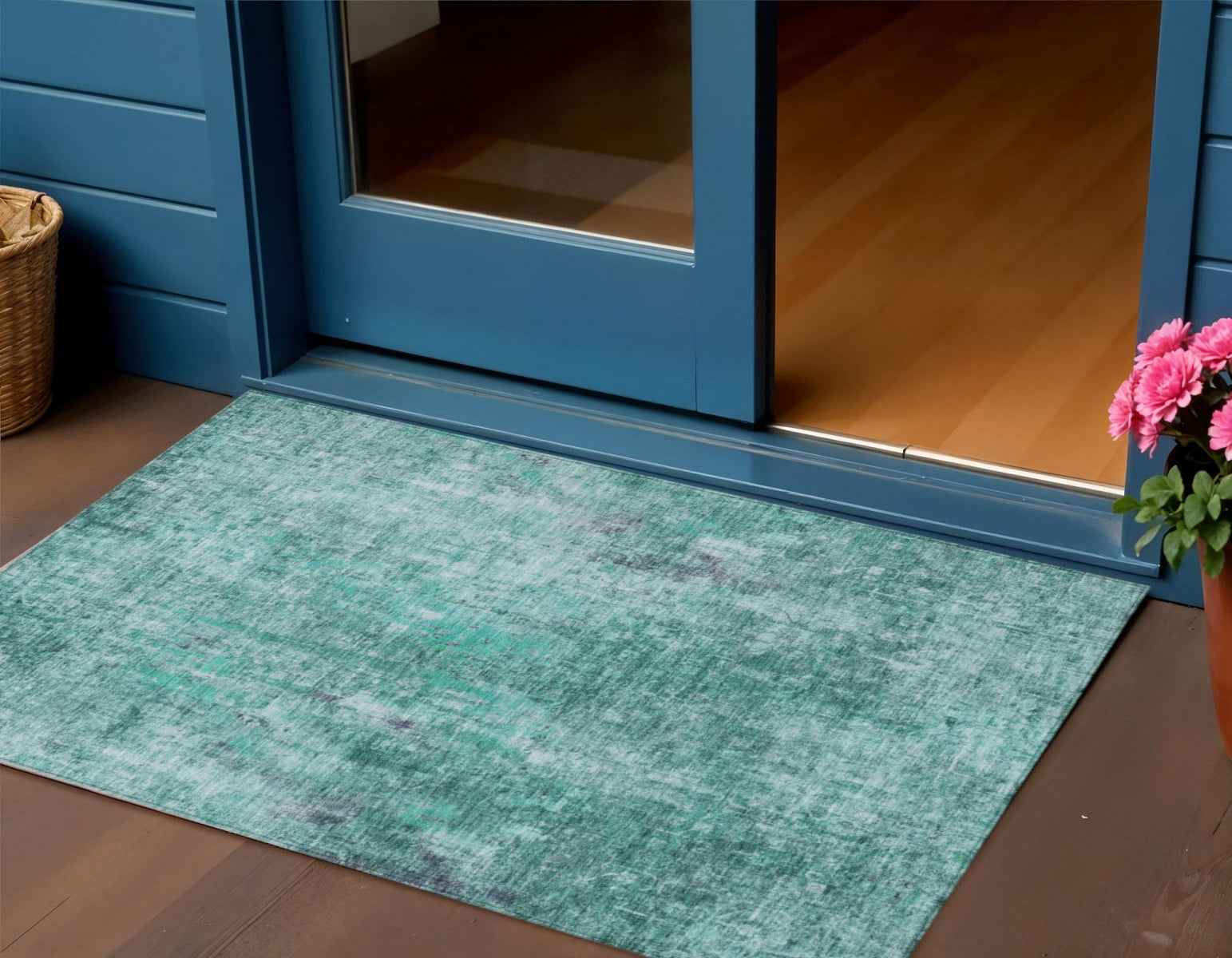 3' X 5' Teal Blue Green And Gray Abstract Washable Indoor Outdoor Area Rug
