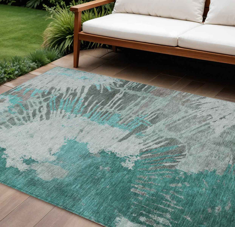 8' X 10' Dark Green Aqua And Gray Abstract Washable Indoor Outdoor Area Rug