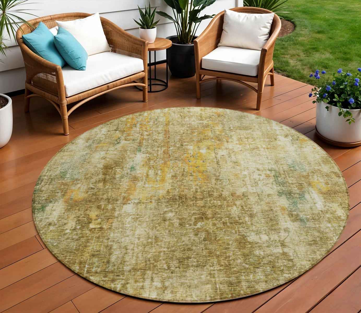 8' Brown Beige And Gold Round Abstract Washable Indoor Outdoor Area Rug