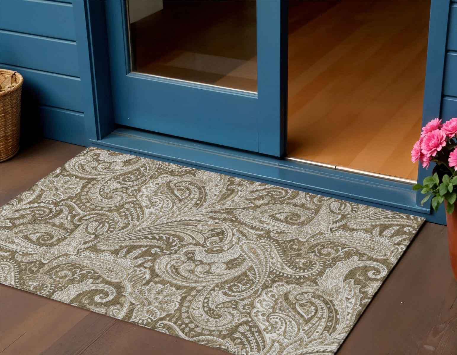 3' X 5' Chocolate Beige And Ivory Paisley Washable Indoor Outdoor Area Rug