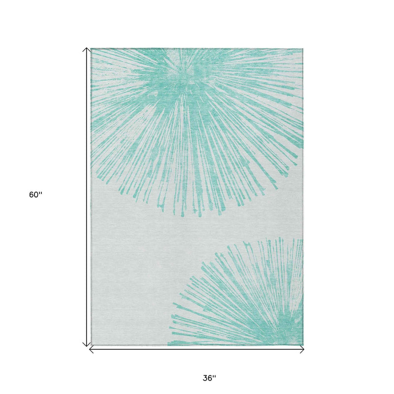 3' X 5' Aquamarine And Ivory Abstract Washable Indoor Outdoor Area Rug