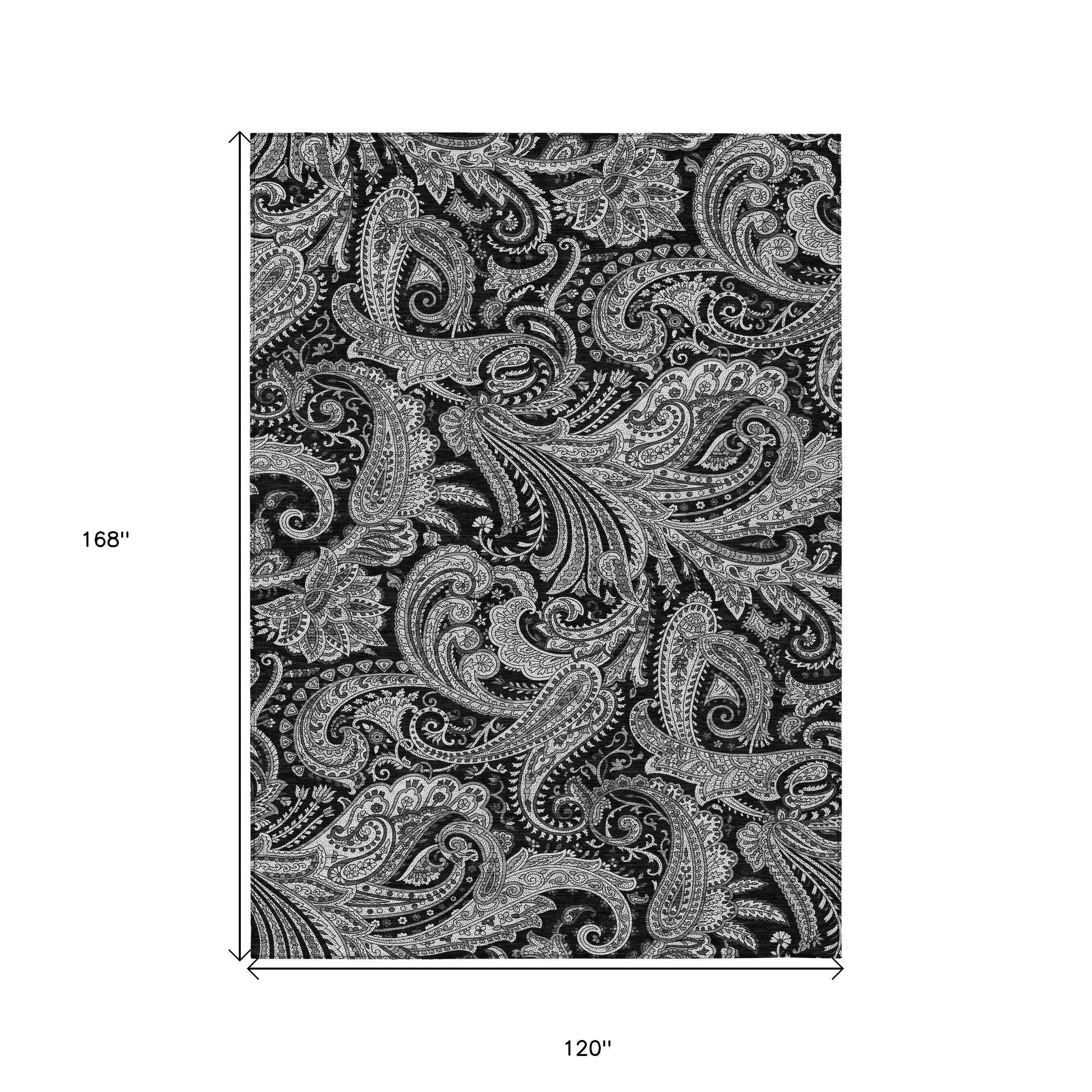 10' X 14' Black Gray And White Paisley Washable Indoor Outdoor Area Rug