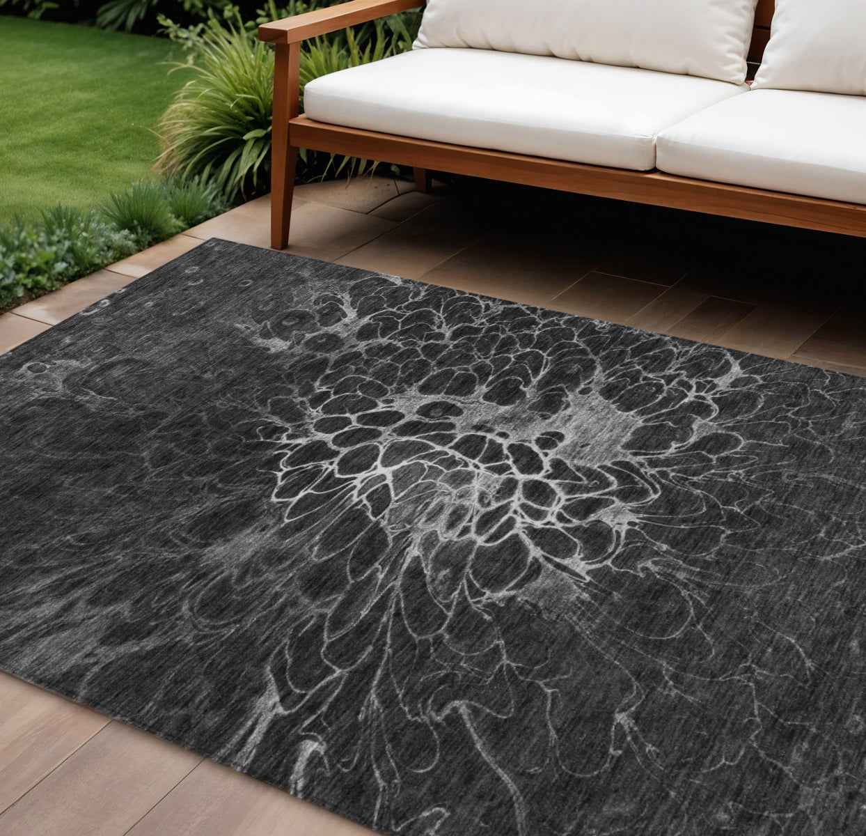 10' X 14' Charcoal Gray And Silver Abstract Washable Indoor Outdoor Area Rug