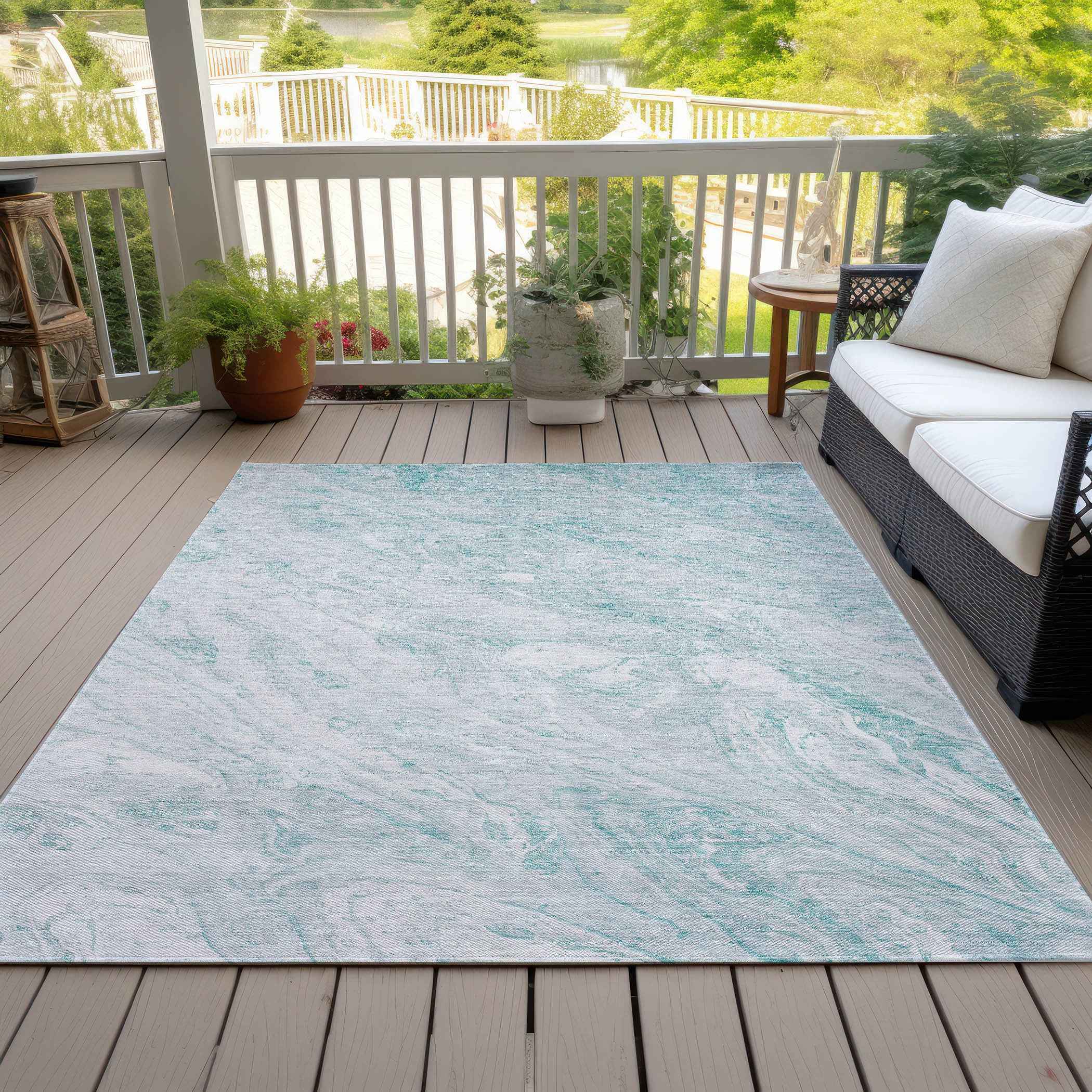 3' X 5' Aquamarine Aqua And Ivory Abstract Washable Indoor Outdoor Area Rug
